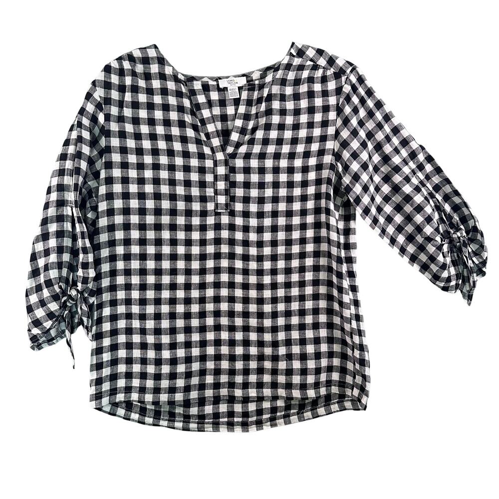 Lord & Taylor Petite Medium Black & White Gingham 100% Linen Tie Sleeves 3/4